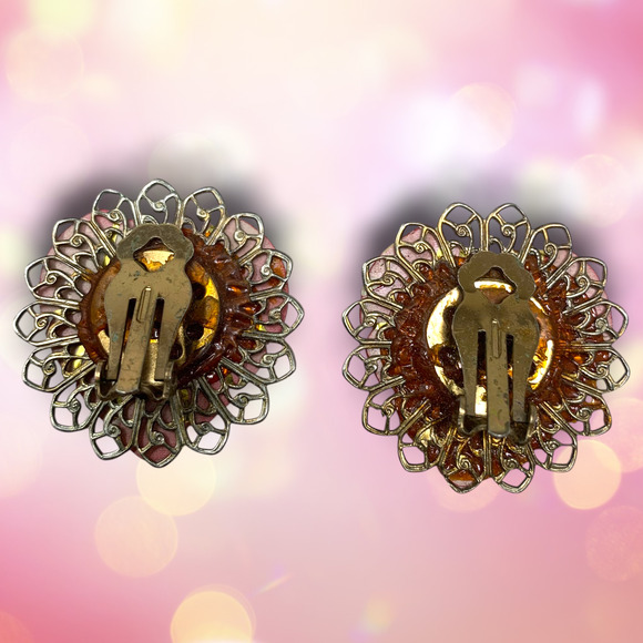 Vintage 1980's Gold Filigree Red Acrylic Heart Huge Earrings Clip On New Wave - Picture 2 of 5